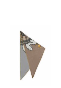 Kant van katoen in driehoekige vorm, met een kleurenschema van bruin, grijs en room, voorzien van een bedrukt ontwerp en contrasterende gele stiksels.