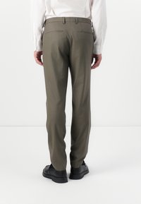 Olive green tailored pants with a straight cut, featuring a smooth texture, two back pockets, and a classic button and zipper closure.