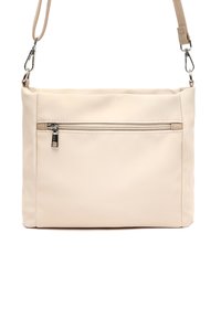 Borsa a tracolla beige in tessuto liscio e testurizzato, con una tasca frontale con zip e una tracolla rimovibile.