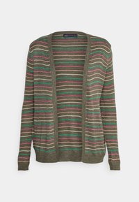 Oliwkowy kardigan z pionowymi paskami w kolorze różowym, niebieskim i kremowym. Posiada otwarty przód i długie rękawy, wykonany z teksturowanego dzianego materiału.