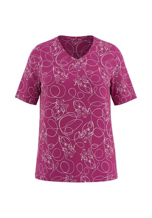 Kurzärmeliges magentafarbenes Hemd mit weißem durchgehenden Fisch-Design und V-Ausschnitt.