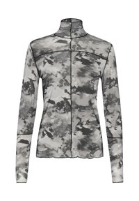 Maglia a maniche lunghe con collo alto in stampa grigia e nera a motivo acqua, caratterizzata da una superficie liscia e cuciture a contrasto lungo le suture.