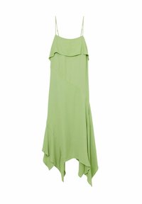 Rochie verde fără mâneci, cu un design cu volane în straturi, tiv asimetric, material ușor și bretele reglabile.