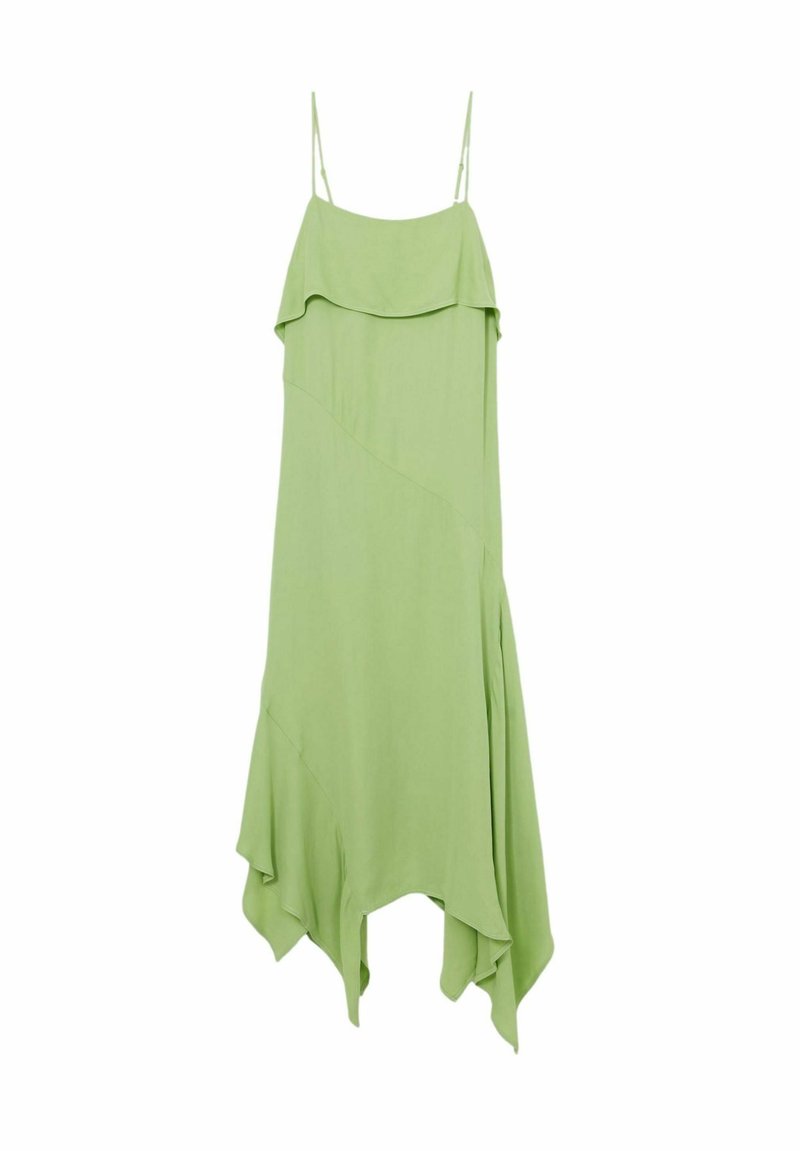 Rochie verde fără mâneci, cu un design cu volane în straturi, tiv asimetric, material ușor și bretele reglabile.