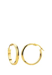 Goldene Creolen mit glänzender Oberfläche, die ein glattes, rundes Design und einen sicheren Verschlussmechanismus aufweisen.