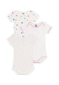 Kolm lühikese varrukaga bodysuit'i komplekt pehmest puuvillast. Omadused: mitmevärviline südame muster, hajutatud täpid ja kontrastne roosa õmblus.