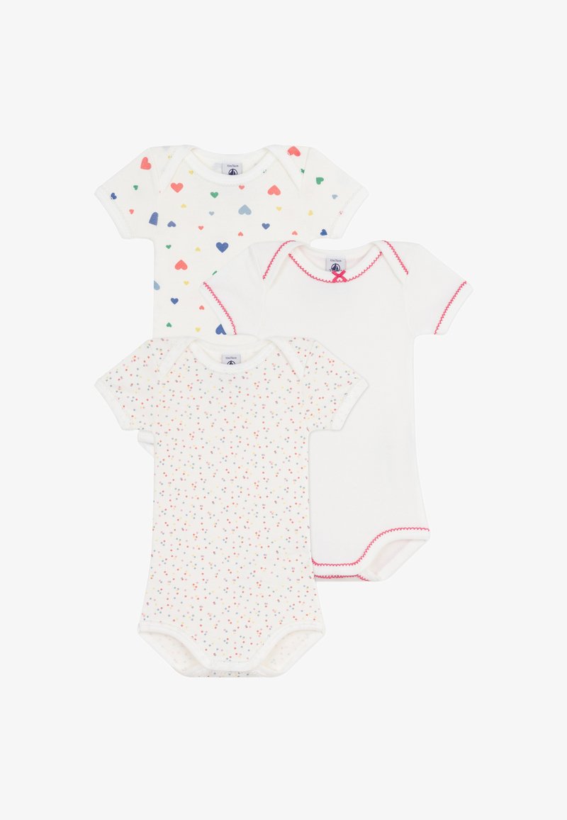 Sada troch body s krátkym rukávom z jemnej bavlny. Vlastnosti: viacfarebný vzor srdiečok, rozptýlené bodky a kontrastný ružový šev.