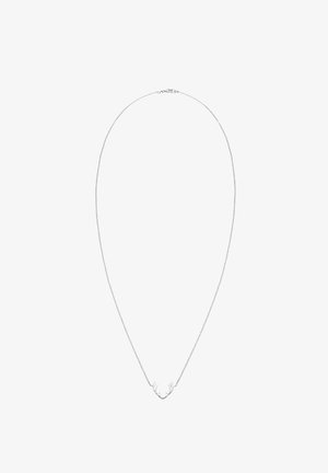Silberne Halskette mit einer zarten Kette und einem minimalistischen Anhänger, der wie ein abstraktes Paar Geweihen geformt ist.