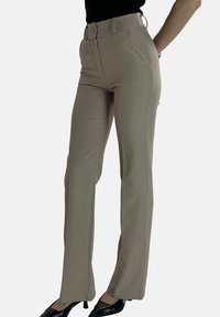 Beige hoge taille broek met een rechte pasvorm, voorzien van zijzakken, riemlussen en decoratieve stiksels. Soepele textuur, op maat gemaakt ontwerp.