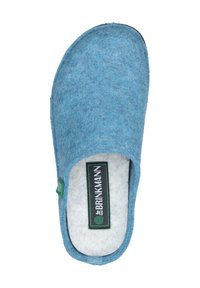 Blue felt slipper with open back, rounded toe, and cushioned white interior, featuring a black and green logo on the insole.