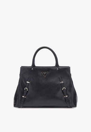 Sac à main en cuir noir avec deux poignées supérieures, finition texturée, accents en métal argenté, et un logo triangulaire sur le devant.