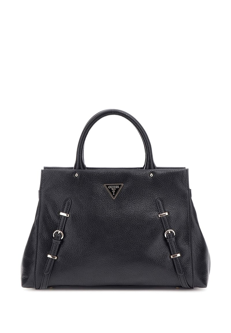 Bolso de mano de cuero negro con dos asas superiores, acabado texturizado, detalles en acero inoxidable y un logo triangular en la parte frontal.
