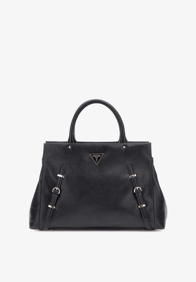 Sac à main en cuir noir avec deux poignées supérieures, finition texturée, accents en métal argenté, et un logo triangulaire sur le devant.