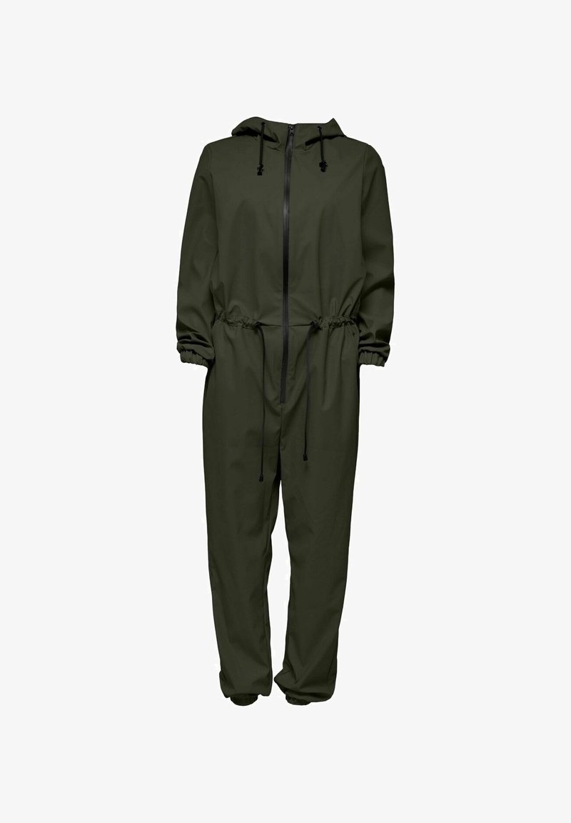Combinaison à capuche vert foncé avec fermeture éclair à l'avant, poignets élastiques, cordon de serrage à la taille ajustable et manches longues, présentée sur fond blanc.