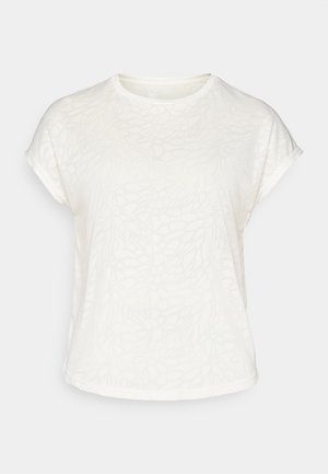 Weißes T-Shirt mit kurzen Ärmeln, das ein strukturiertes Blumenmuster, einen runden Halsausschnitt und einen lässigen Schnitt aufweist. Hergestellt aus weichem, leichtem Stoff.