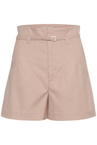 Lichtroze op maat gemaakte shorts van een gestructureerde stof, met een brede tailleband, ceintuurlussen en een zilveren sluiting.