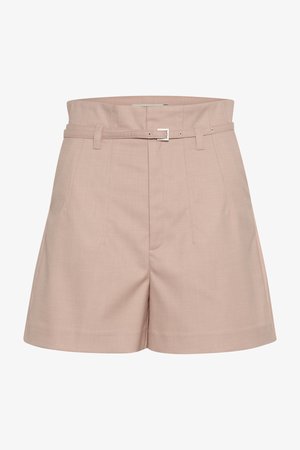 Ljust rosa skräddarsydda shorts i en texturerad tyg, med en bred midjeband, bälteshällor och detaljer i silverspänne.