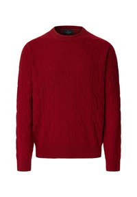 Pull en maille rouge avec un motif en cable, col rond et finitions côtelées aux poignets et à l'ourlet. Texture douce et tissu de poids moyen.
