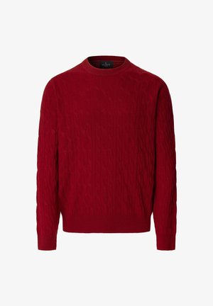 Roter Strickpullover mit Zopfmuster, rundem Ausschnitt und gerippten Bündchen und Saum. Weiche Textur und mittelschwere Stoffqualität.