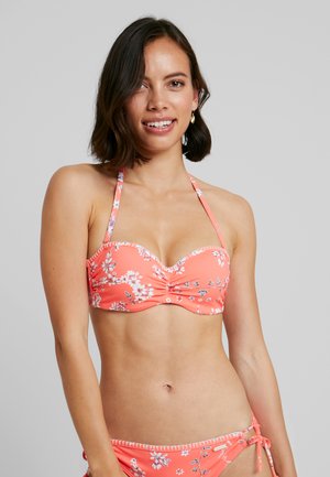 Koronkowy biustonosz bikini w kwiatowy wzór, z drucikami podtrzymującymi, marszczonym designem i regulowanymi ramiączkami. W zestawie materiałowe bikini z wiązaniami.
