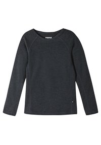 Czarnoszary longsleeve z okrągłym dekoltem, z raglanowymi rękawami i subtelnymi akcentami w stich. Miękka, teksturowana tkanina, casualowy design.