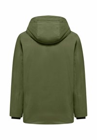 Parka impermeabile verde con cappuccio, maniche lunghe e dettagli neri sui polsini. Texture liscia e design a tinta unita.