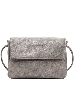 Gray metallic leather crossbody bag with a smooth texture, rectangular shape, fold-over flap, and subtle logo on the front.