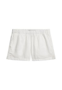 Pantaloni corti bianchi in lino con vita elasticizzata, tasche laterali e vestibilità rilassata. Texture liscia senza motivi o dettagli visibili.