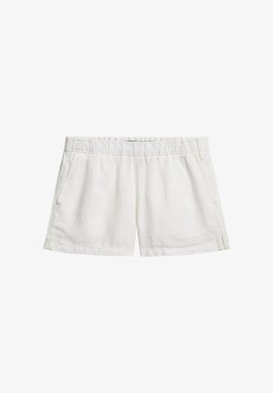 Hvide linnedshorts med elastisk talje, sidelommer og afslappet pasform. Glat tekstur uden synlige mønstre eller detaljer.
