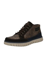 Braune und schwarze Leder-Schnürstiefelette mit weißer gerippter Sohle und Bugatti-Logo an der Seite und Zunge.