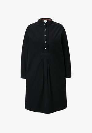 Mustat pitkähihaiset mekko corduroy-kankaasta, jossa on mandariinikaulus, etupainikkeet, pleated-yksityiskohta ja logopatch vyötäröllä.
