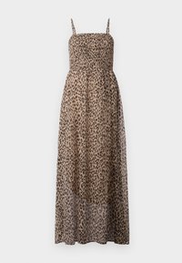 Leopard-print maxi dress with a smocked bodice, thin shoulder straps, and a silky, sheer texture. Length falls below the knees.