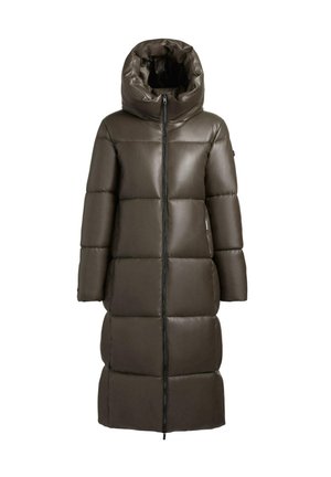 Lang dunjakke i mørkebrunt, med hette, glidelås og quiltet design med store, polstrede sektioner for isolasjon.
