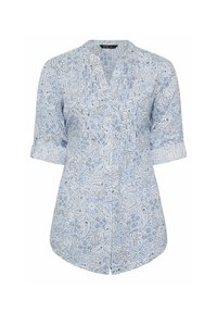 Jasnoniebieska bluzka z wzorem paisley, z dekoltem w serek i krótkimi, podwiniętymi rękawami. Wykonana z miękkiego materiału, zaprojektowana z myślą o komforcie.