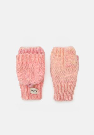 Austa adata bezpirkstu cimdi gradienta rozā toņos, ar ribotām aprocēm un mazu zīmola etiķeti, kas ir izšūta sānu šuvē.