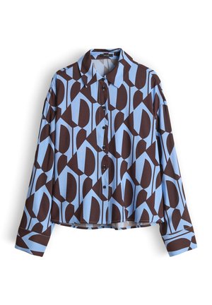 Long-sleeve blouse featuring a geometric pattern in brown and light blue, with a collar and black buttons down the front. Smooth fabric texture.