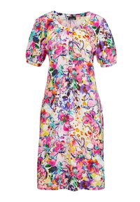 Blumenkleid aus leichtem Stoff mit leuchtend pinkfarbigen, grünen und gelben Blumen, kurzen Puffärmeln und Rundhalsausschnitt.