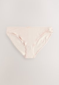 Rožinis medvilninis bikini stiliaus apatinis trikotažas su subtiliu nėrinių apvadu ir maža dekoratyvine kaspinėle viduryje priekyje. Lygi tekstūra ir klasikinis dizainas.