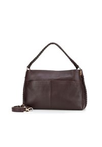 Bruine leren handtas met een gevlochten handvat, twee buitentasjes en een afneembare schouderband. Glad van structuur en grote vorm.