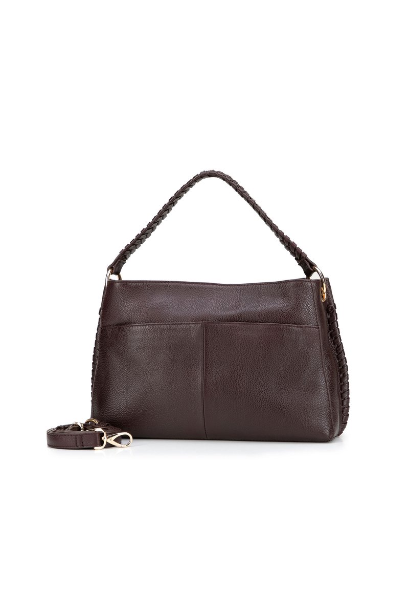 Bruine leren handtas met een gevlochten handvat, twee buitentasjes en een afneembare schouderband. Glad van structuur en grote vorm.