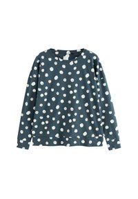 Blå sweatshirt med vita och ljusrosa prickar. Rund hals, långa ärmar och en avslappnad passform. Mjukt bomullsmaterial och enkel design.