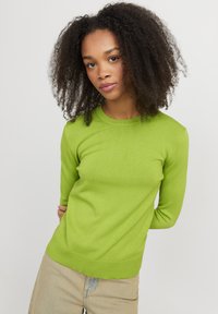 Maglione verde lavorato a maglia con maniche lunghe, scollatura rotonda e orlo a costine. Indossato con pantaloni beige chiaro, di minima trama e design semplice.