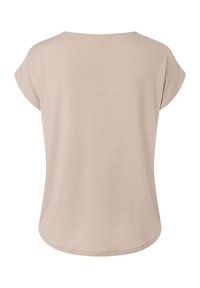 Beige T-shirt met korte mouwen, ronde hals, een gladde textuur en een asymmetrische zoom. Minimalistisch ontwerp zonder zichtbare patronen of accenten.