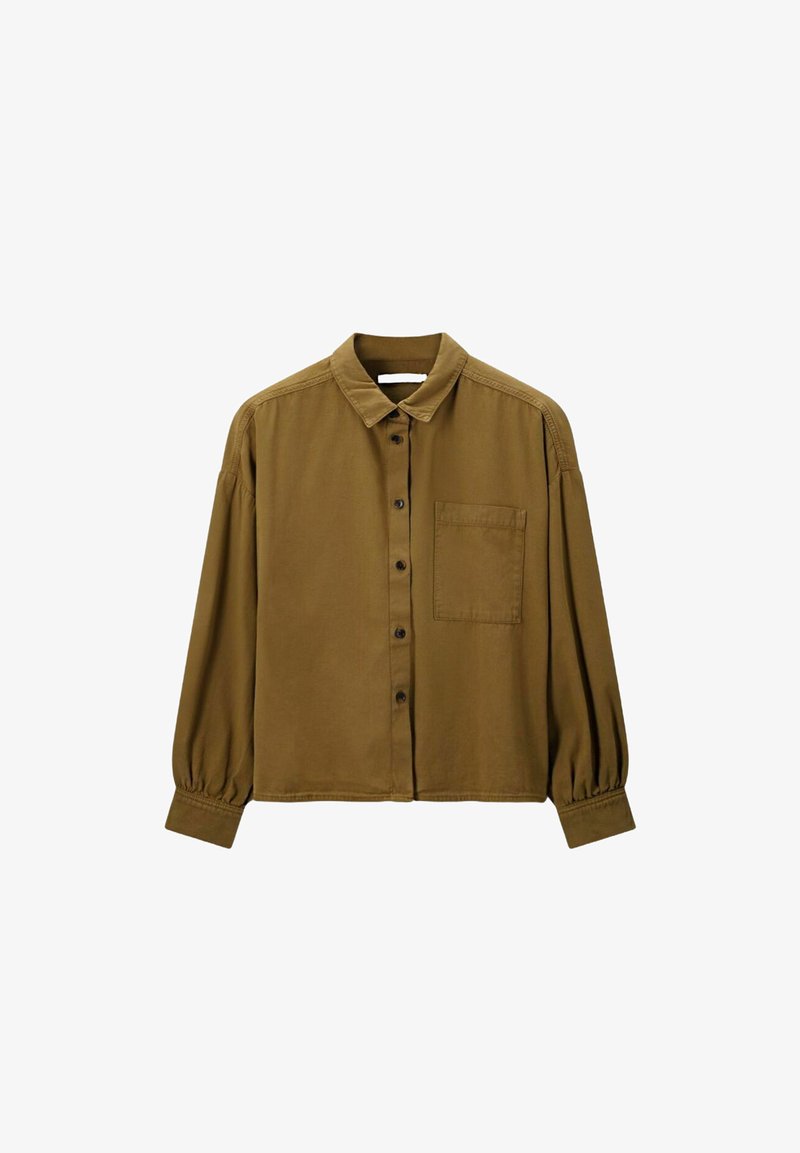 Brown button-up shirt with a collar, long puffed sleeves, a chest pocket, and a smooth fabric texture. Simple design, no patterns or accents.