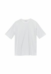 Vitt kortärmat t-shirt i mjukt material. Rund halsringning, avslappnad passform och inga synliga mönster eller detaljer. Enkelt, mångsidigt mönster.