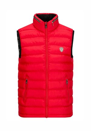 Rood gewatteerd bodywarmer met hoge kraag, ritssluiting en twee steekzakken aan de voorkant. Heeft zwarte zijpanelen en een logo op de borst.