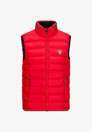 Rote gesteppte Weste mit hohem Kragen, Reißverschluss und zwei Fronttaschen. Verfügt über schwarze Seitenpaneele und ein Logo auf der Brust.