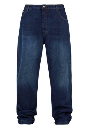 Dark blue denim trousers with a relaxed fit, feature five pockets, a button closure, and visible stitching details.