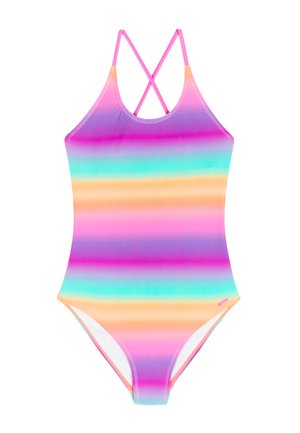 Eendelig badpak met horizontale regenboogstrepen in roze, paars, blauw en oranje, voorzien van dunne roze gekruiste schouderbandjes.