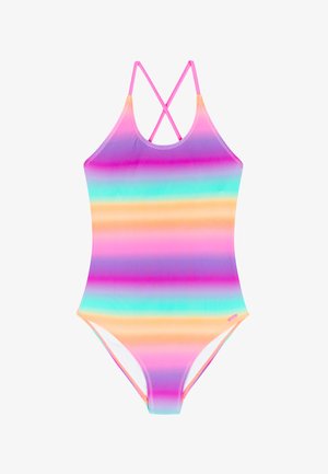 Maillot de bain une pièce à rayures horizontales arc-en-ciel en rose, violet, bleu et orange, avec des bretelles fines roses croisées sur les épaules.